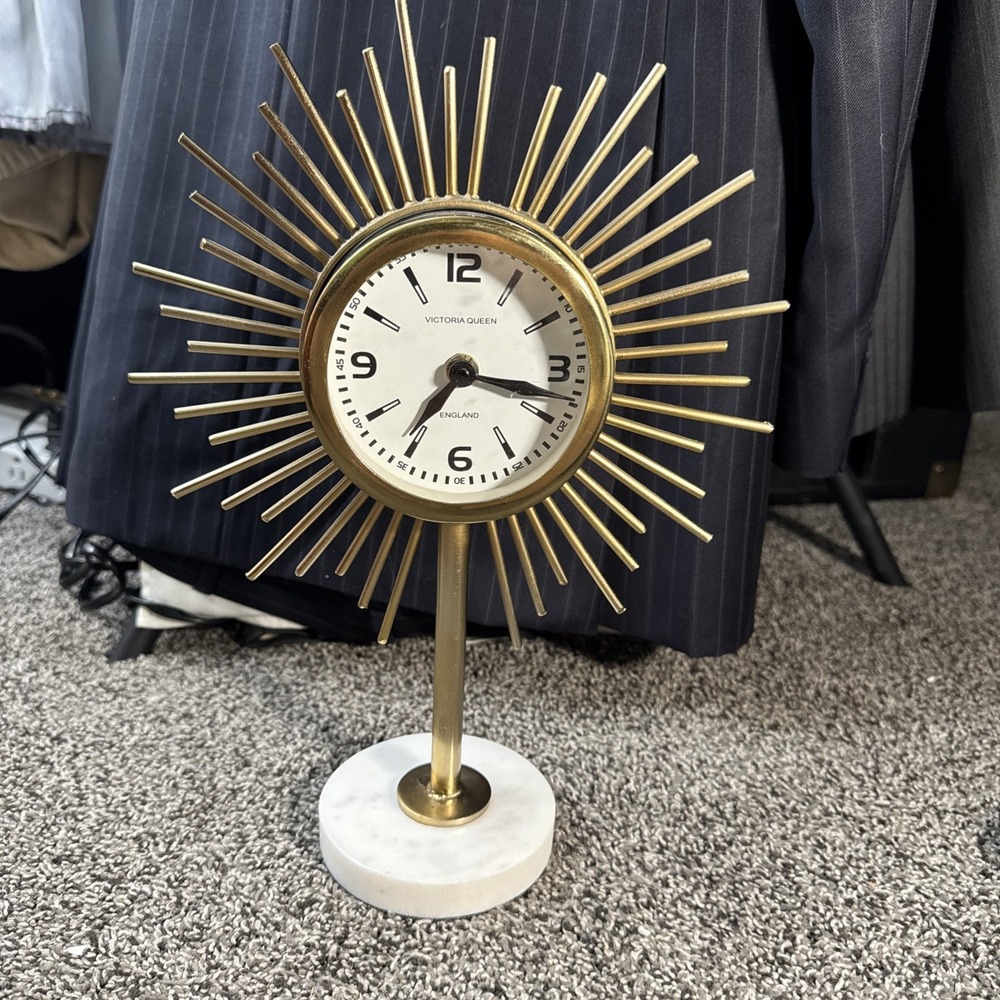 Vintage MCM Victoria Queen England Starburst Clock Marble Base Quartz